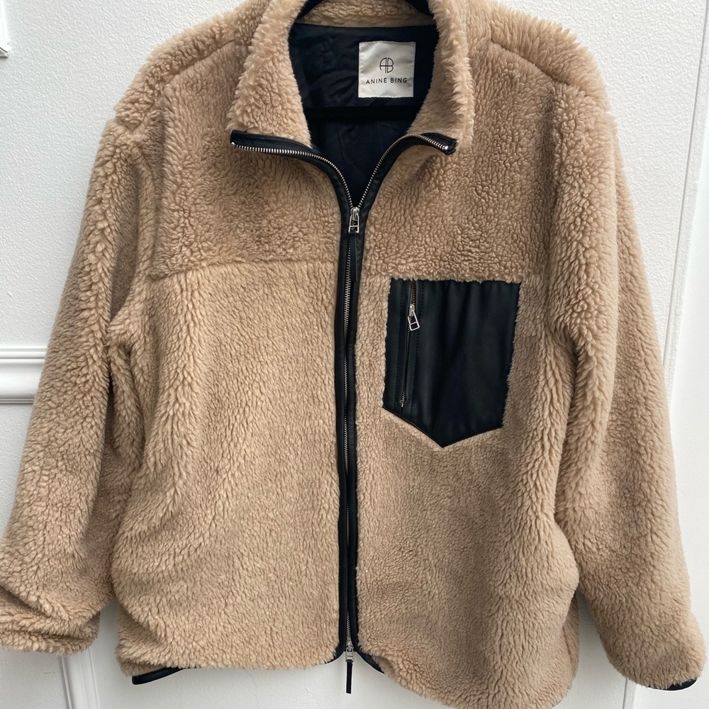 Anine Bing Tan Sherpa Jacket with Black Accents